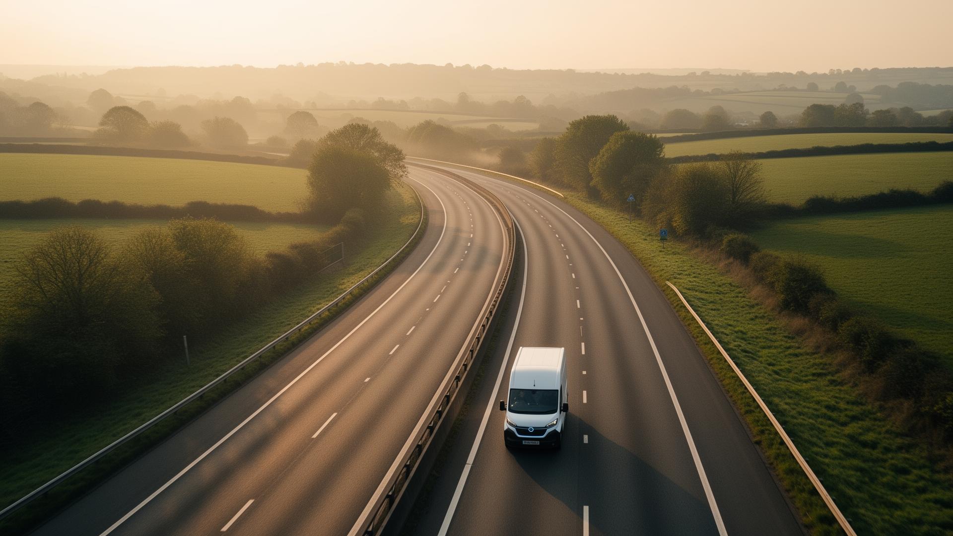 A commercial van on a UK road at dawn
